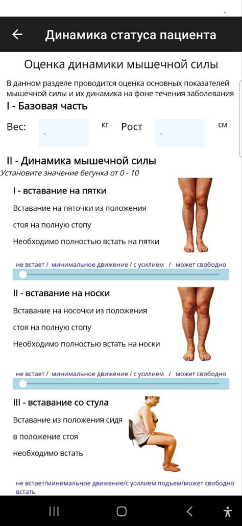 Оценка статуса. Мышечная сила, анализ простых движений, вставание на носки, вставание на пятки. Анализ динамики по белкам жирам и углеводам